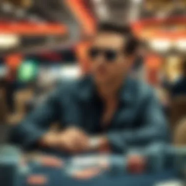 Stylish poker player at a casino A confident poker player wearing sunglasses and a sleek outfit, sitting at a casino table with cards and chips, creating a cool atmosphere.