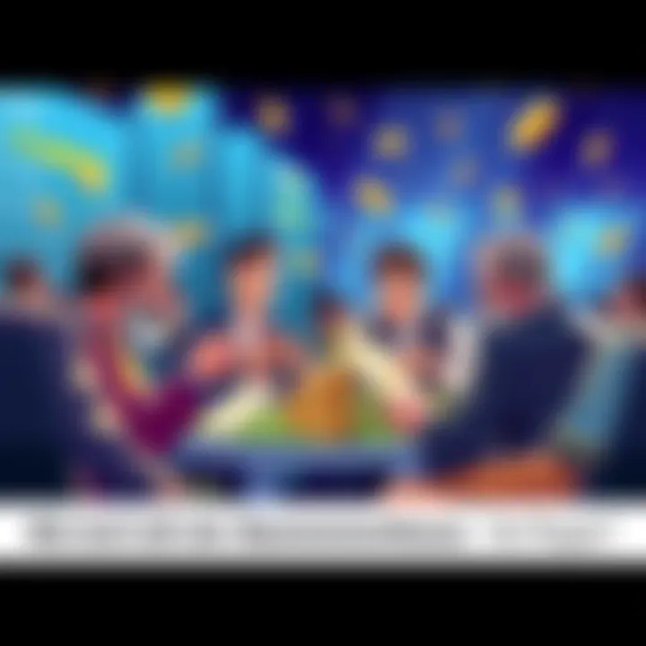 Subscription Bonus Illustration An illustration showing players discussing subscription bonuses, with a focus on ranking and wagers, depicting various amounts of money and betting symbols.