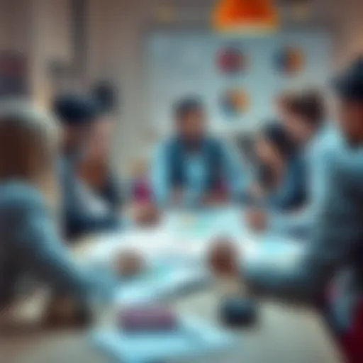 A group of diverse people discussing successful strategies around a table with charts and graphs on display