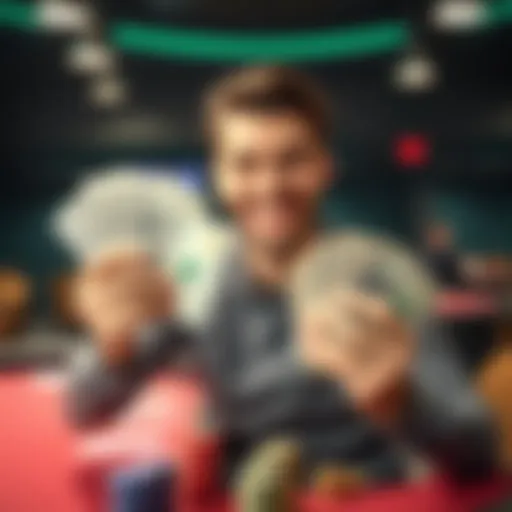 A happy gambler showing off stacks of cash after winning $14,000 in a short time, with a poker table in the background.