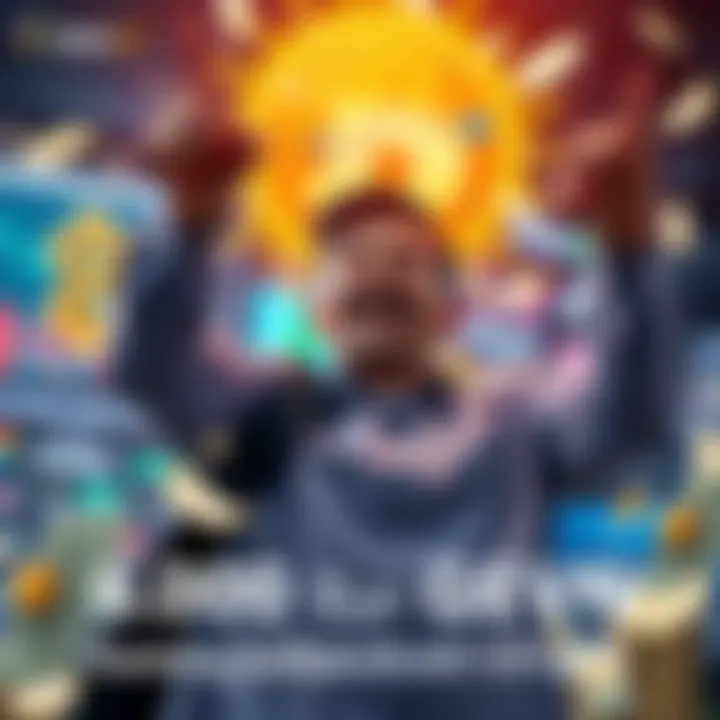 A person celebrating a financial success with money symbols and popular trading platforms like FD, Iso Fantasy, and Kalshi in the background.