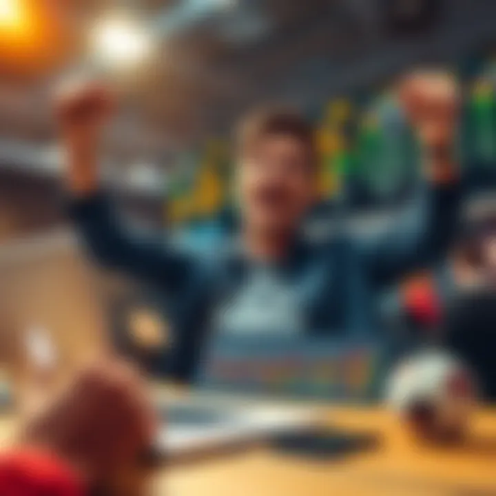 A person celebrating a win while looking at sports betting charts for NBA, NCAAF, and NFL on a laptop