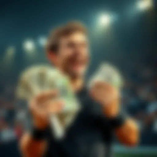 Successful Tennis Bettor A person celebrating their tennis betting success with a large amount of cash in hand, showing excitement and enthusiasm.