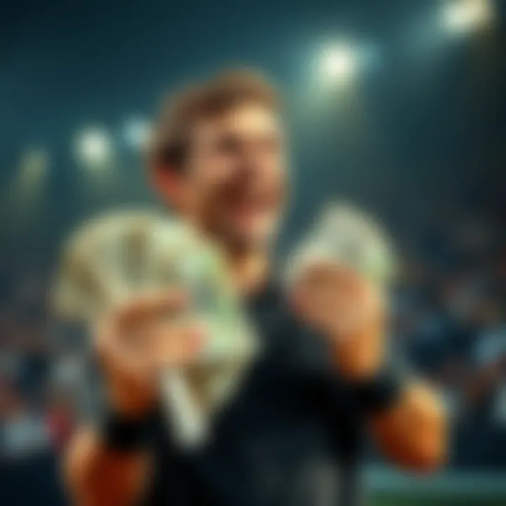 Successful Tennis Bettor A person celebrating their tennis betting success with a large amount of cash in hand, showing excitement and enthusiasm.