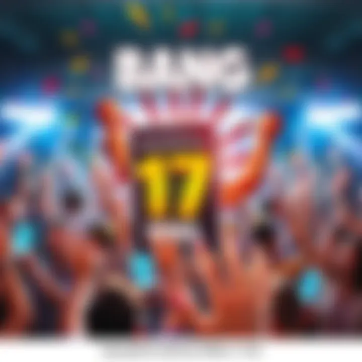 A graphic showing a winning app with a record of 17 wins and 2 losses, with excited users celebrating and engaging in contests