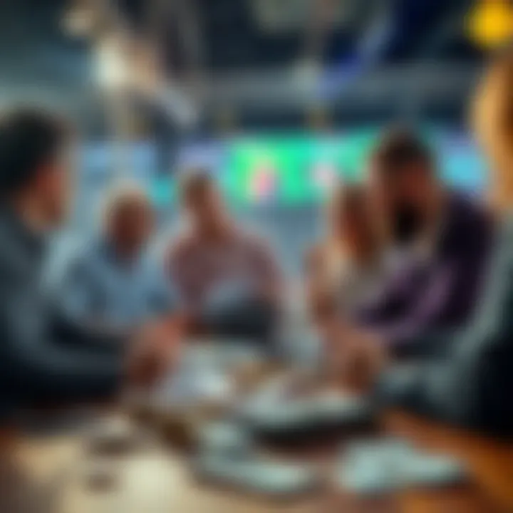 People discussing future betting strategies with cash and sports betting slips on a table