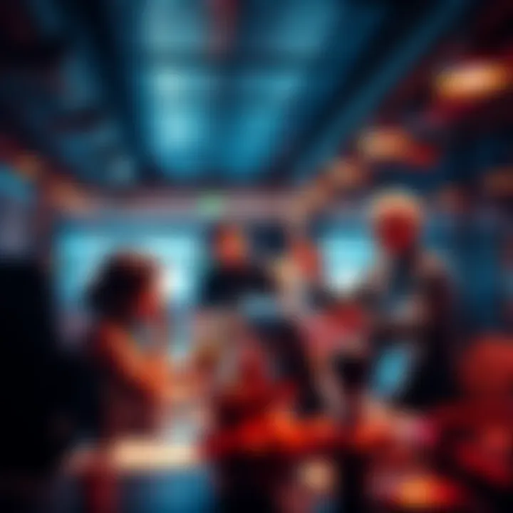 Successful Business Day A busy office environment with people discussing strategies and analyzing financial data, leading to a profitable day.