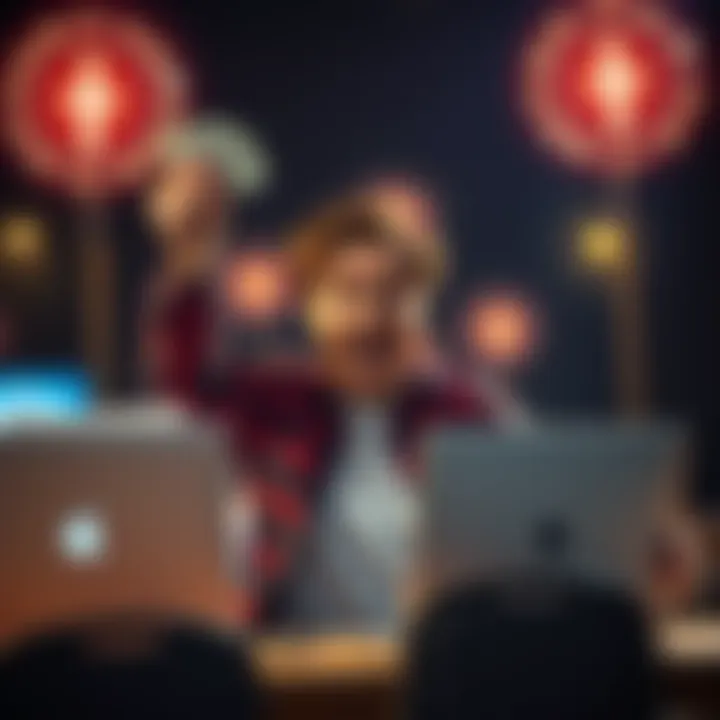 A person celebrating a successful cash out with a laptop and money in hand, showing excitement about a small win.