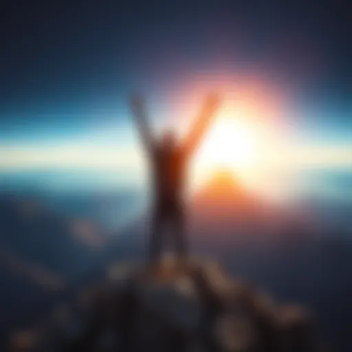 A person standing on top of a mountain with arms raised in victory, symbolizing success and achievement