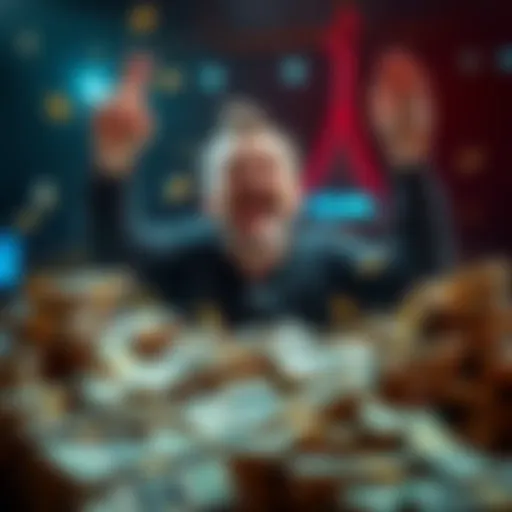 A person celebrating wins from sports betting with piles of cash and ticket stubs spread out