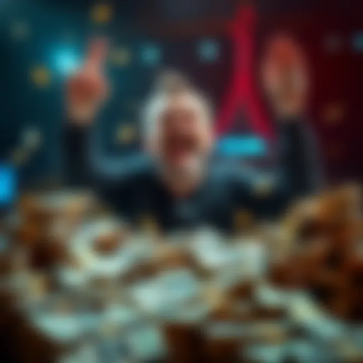 A person celebrating wins from sports betting with piles of cash and ticket stubs spread out