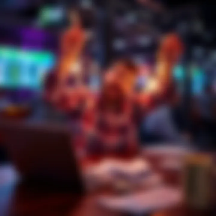 A person celebrating a big win in sports betting with a laptop and betting slips on the table