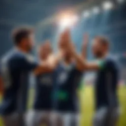 Successful Start of Football Team Football players celebrating a win after a World Cup match with smiles and high-fives