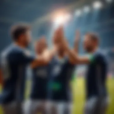 Successful Start of Football Team Football players celebrating a win after a World Cup match with smiles and high-fives