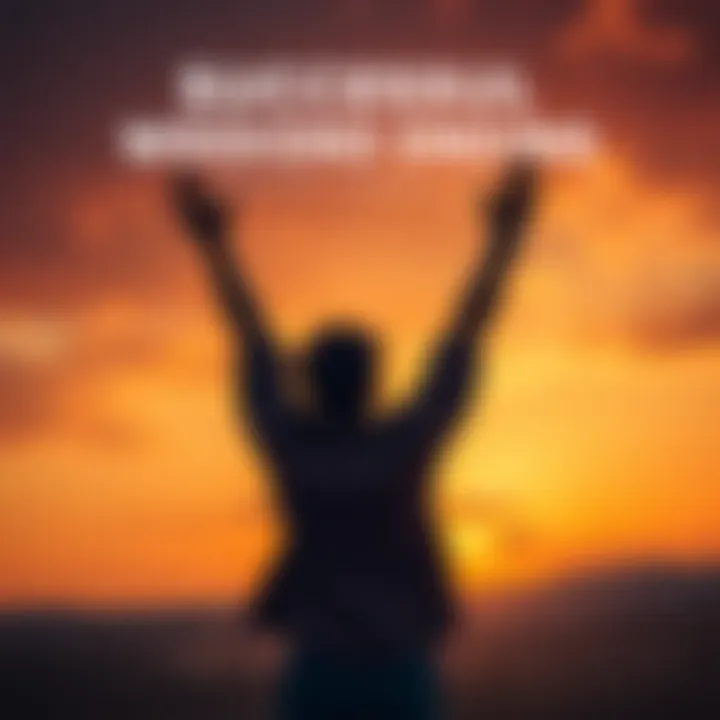 A person celebrating a successful weekend with arms raised in triumph, standing in front of a sunset backdrop, symbolizing achievement and confidence.