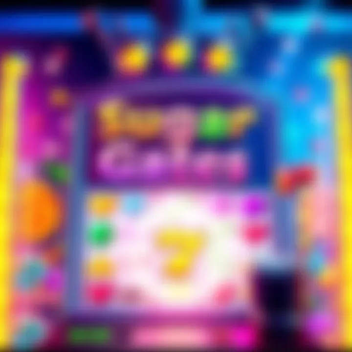 Colorful Sugar Gates Slot Game A vibrant slot machine display with colorful candy symbols and a spin button, representing the Sugar Gates game