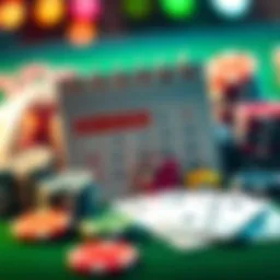 Summer Tournament Plans Announcement A calendar with marked dates for summer casino tournaments, with poker chips and cards around it.