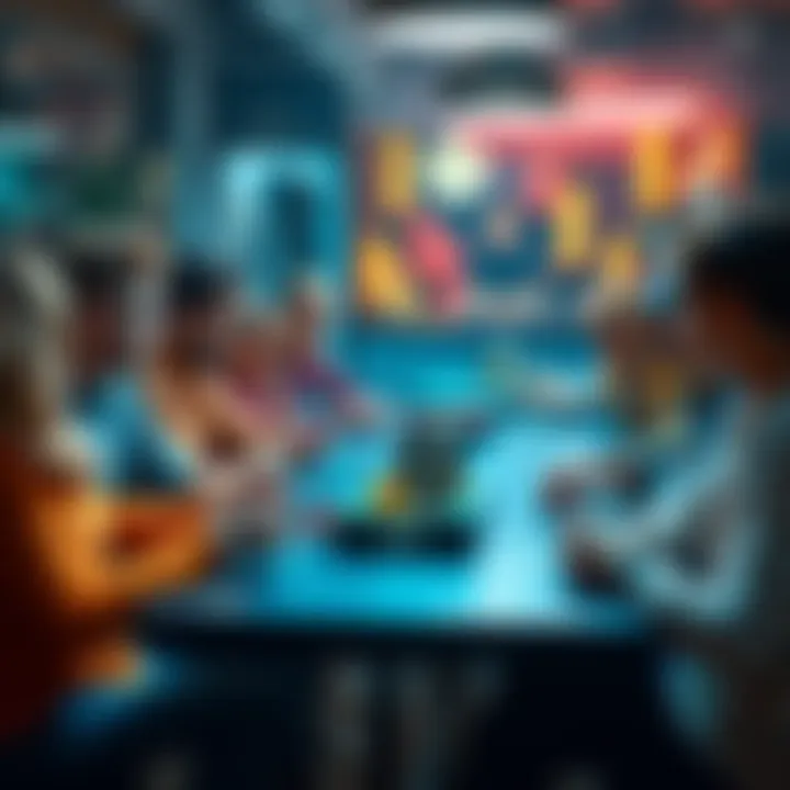 A group of people gathered around a table playing games, discussing strategies to expand their Sunday game club.