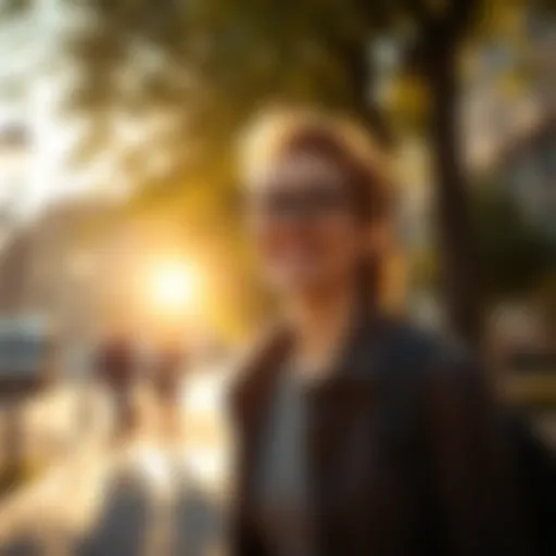 A person enjoying a sunny walk during lunch break, smiling and feeling relaxed under warm sunlight.