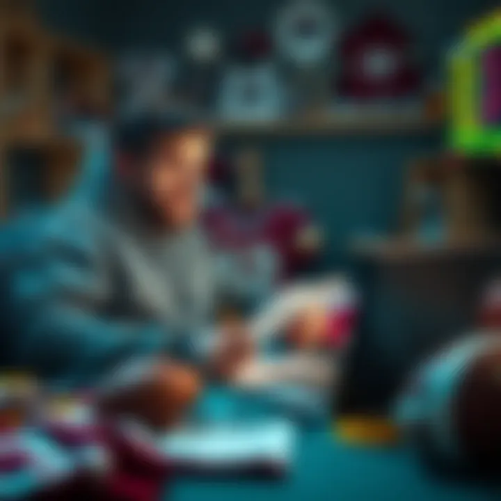 A football fan analyzing betting odds with a laptop and a notepad, surrounded by team jerseys and sports memorabilia.