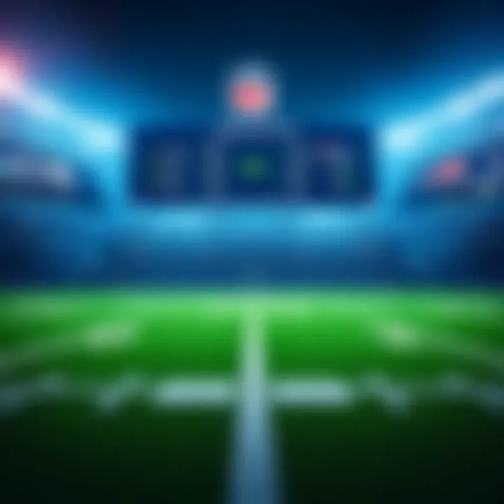 A football field with a scoreboard showing teams Seahawks and Patriots, and betting odds highlighted on a digital display.