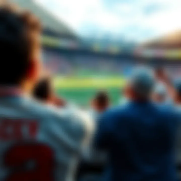 Fans cheering with team jerseys and a football stadium in the background
