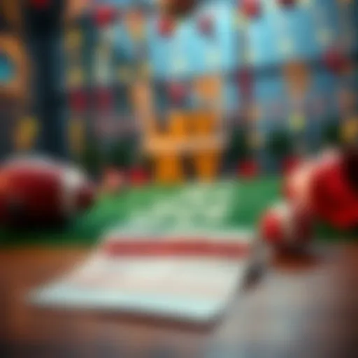 A close-up of a betting slip laid on a table with football-themed decorations in the background