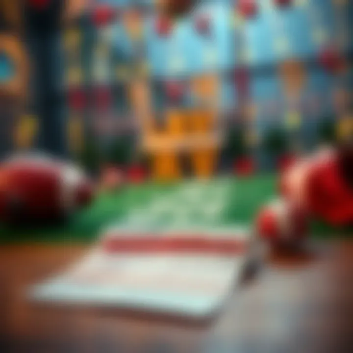 A close-up of a betting slip laid on a table with football-themed decorations in the background