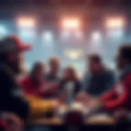 A group of football fans analyzing player bets and discussing touchdowns for Super Bowl LX.