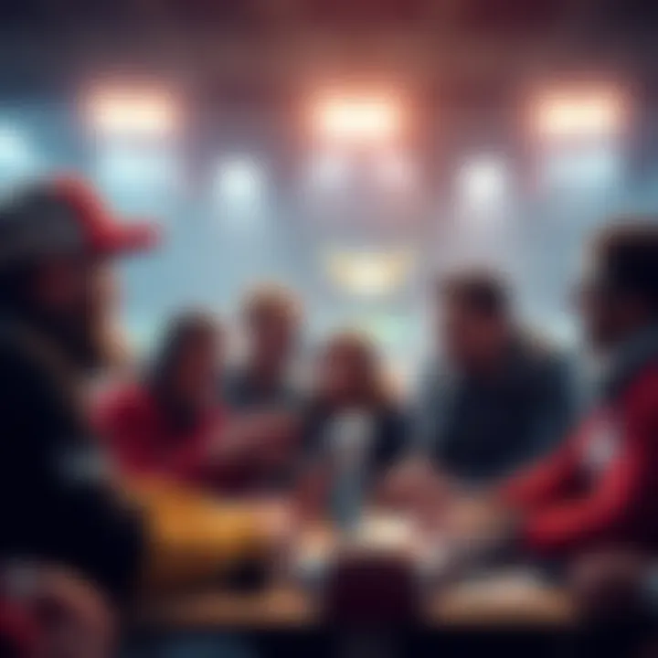 A group of football fans analyzing player bets and discussing touchdowns for Super Bowl LX.