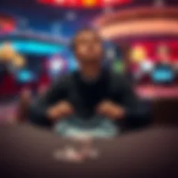 A person sitting alone at a table with a sad expression, holding empty pockets, symbolizing the emotional toll of gambling addiction, with a blurred casino in the background.