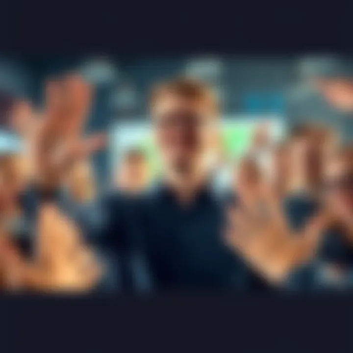A person expressing thanks to a group of supporters with a cheerful gesture