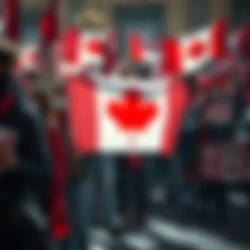 A diverse group of people holding flags and signs in support of Canada