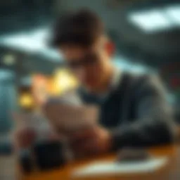 A person sitting at a table looking at support group materials with a concerned expression, symbolizing the search for help with gambling addiction in Ontario.