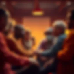 Group of people supporting each other A group of diverse individuals in a circle, sharing stories and supporting each other during a recovery session from gambling addiction