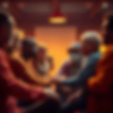 Group of people supporting each other A group of diverse individuals in a circle, sharing stories and supporting each other during a recovery session from gambling addiction