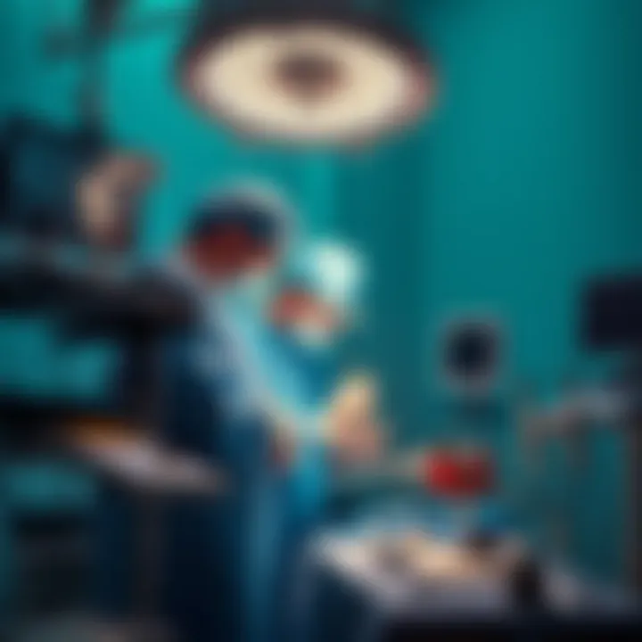 Surgeon in Operating Room A surgeon performing an operation with various surgical tools and equipment in an operating room setting.