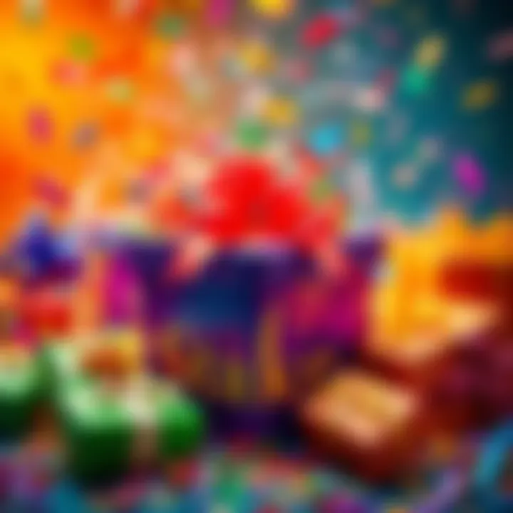 A colorful gift box surrounded by confetti and gifts, representing the surprise package from Stake.