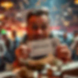 A man with a shocked expression holding a winning ticket, surrounded by cash and betting slips