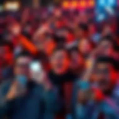 Surprised crowd reacting A crowd of excited people reacting to a surprising moment on social media, showing expressions of shock and enjoyment, with smartphones in hand.