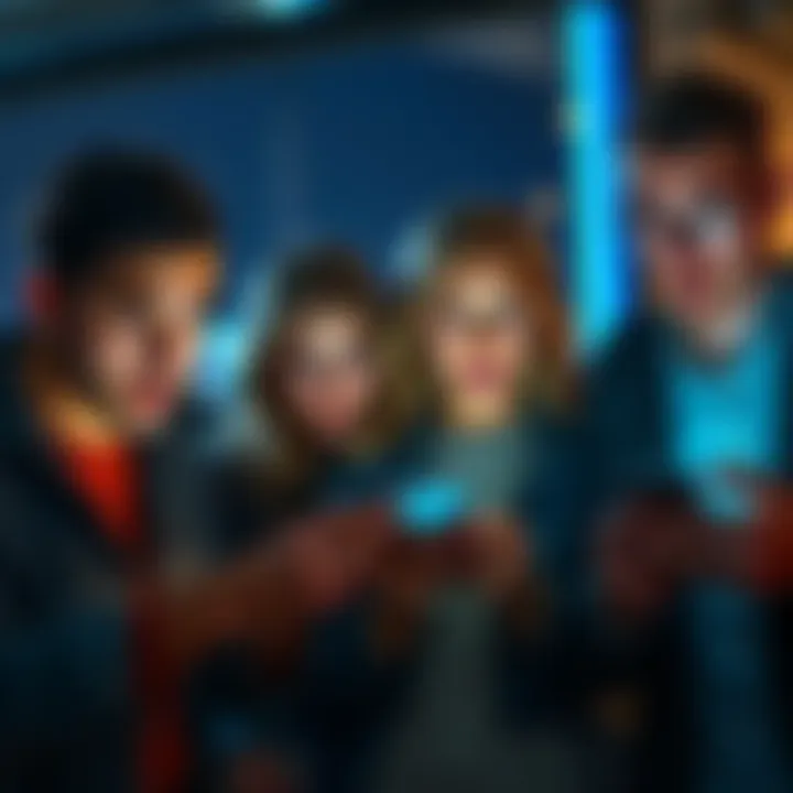 Surprised people looking at their phones Group of people with surprised expressions checking their phones, showing concern about a potential disappointment