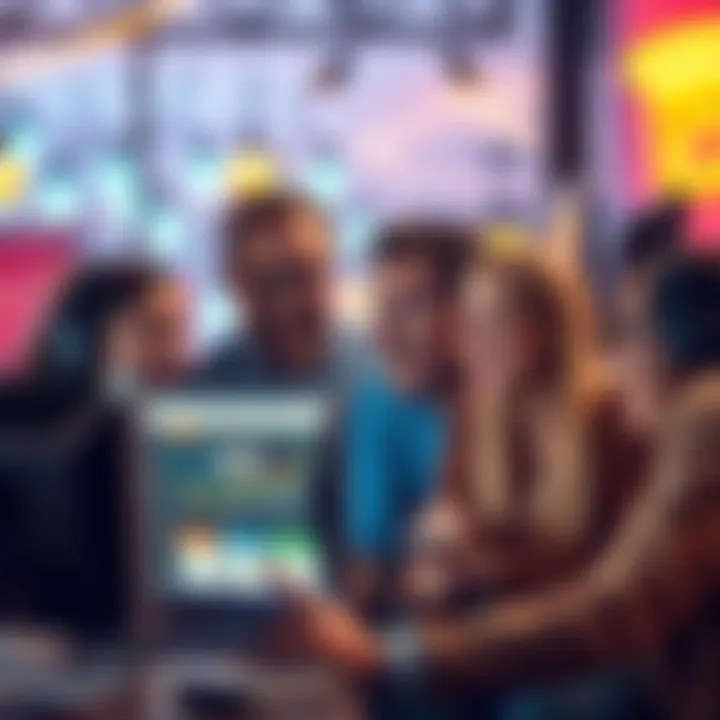 A group of people laughing and looking surprised at a computer screen while discussing rakeback events.