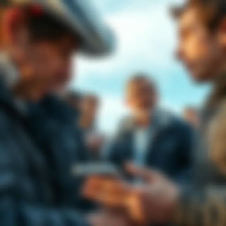 A group of people looking surprised and discussing unexpected news outdoors