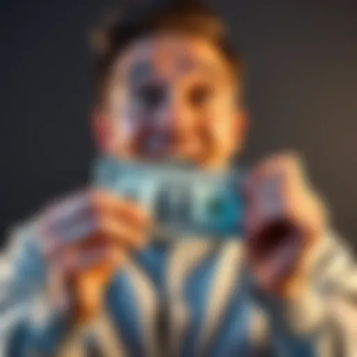 A happy person with wide eyes excitedly holding a one dollar bill, symbolizing unexpected gains from the Drop the Boss Bonus.