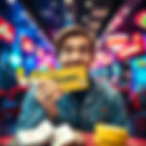 A person looks shocked and happy while holding a winning gaming ticket in a lively casino setting