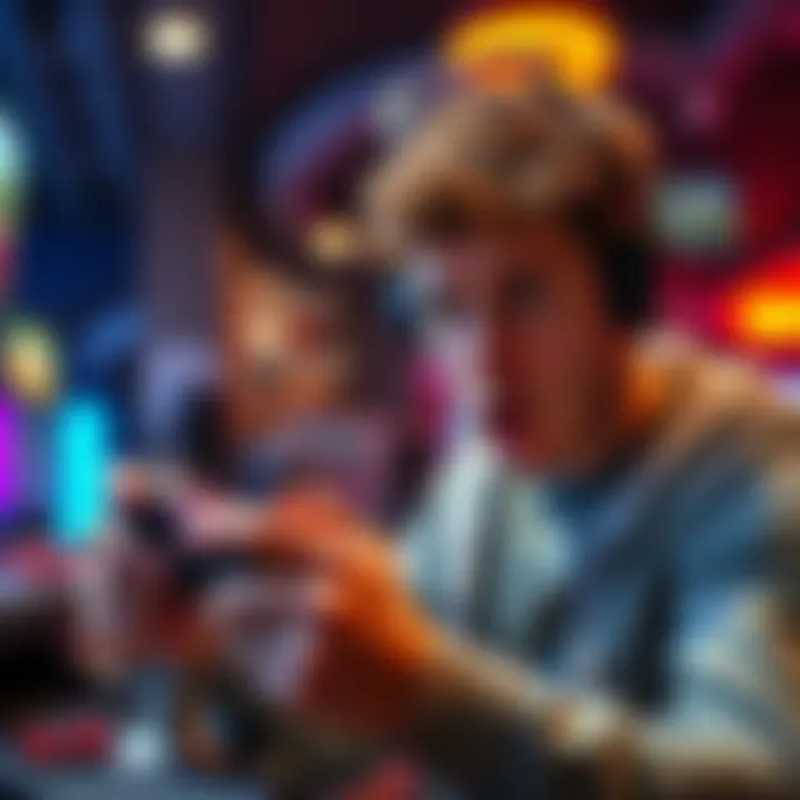 Surprised player looking at gambling results A shocked player examines their low monthly gambling earnings while holding a gaming controller, showing confusion.