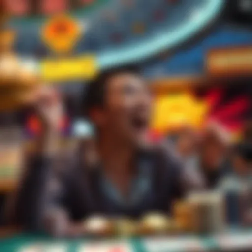 A player joyfully reacting to an unexpected win while gambling, with casino graphics in the background