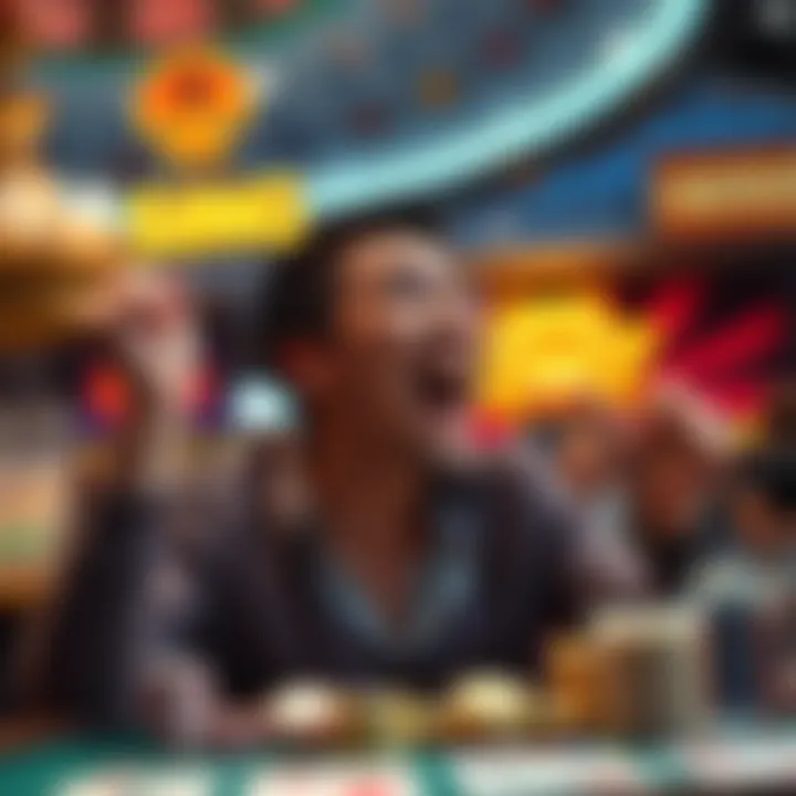 Surprised player celebrates win A player joyfully reacting to an unexpected win while gambling, with casino graphics in the background