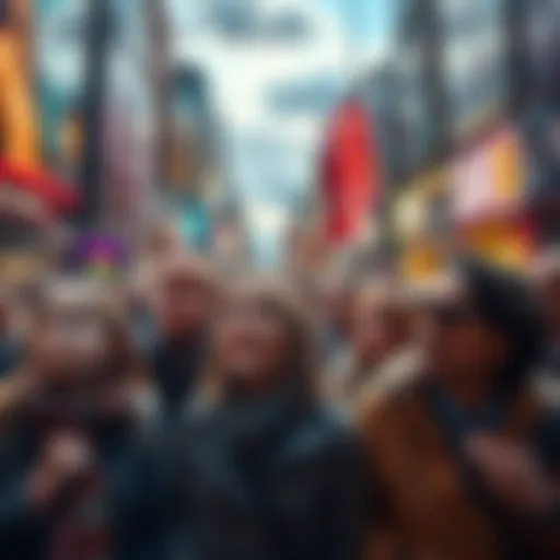 A group of people looking shocked and surprised at a news bulletin in a bustling city.