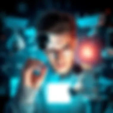 Surveillance Technology Concept A person looking at various surveillance technology devices, including cameras and smartphones, symbolizing the impact on privacy.